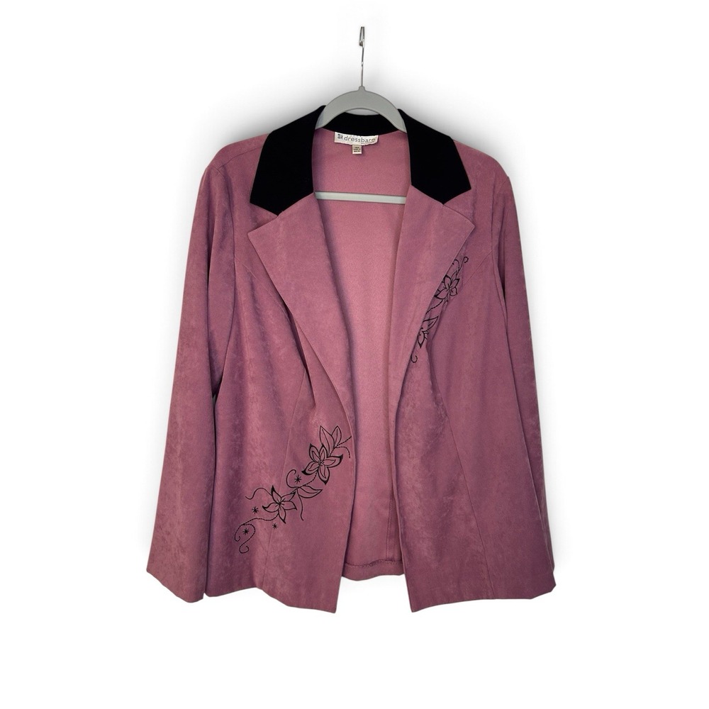 Dressbarn Woman 14W Mauve Faux Suede Floral Embroidered Open Front Blazer